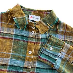 Mollys Women M Gold Teal Plaid Distress Fringe Edge Long Sleeve Button Front Top